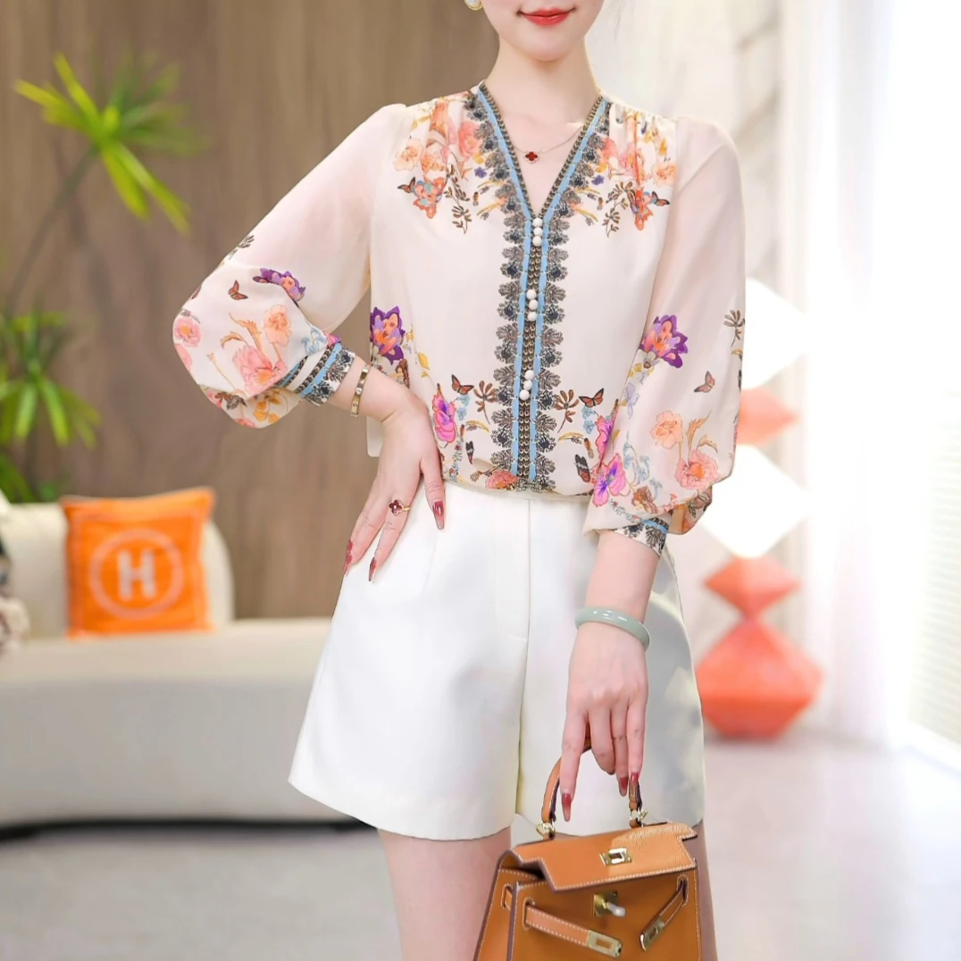 【春日絮语】时尚气质V领百搭2025夏款长袖显瘦宽松T恤上衣