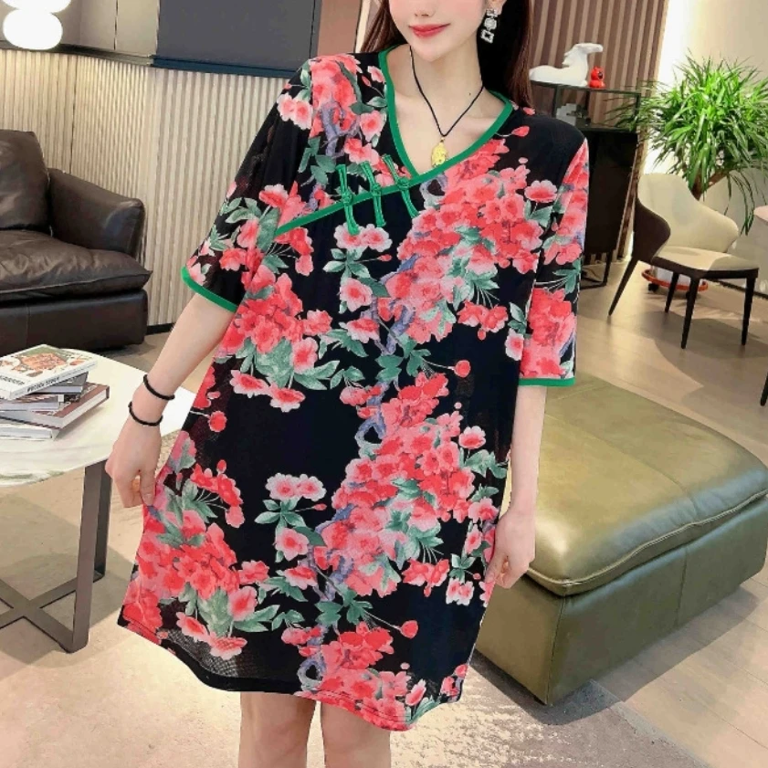 夏季新款睡裙女薄款可外穿新中式连衣裙V领时尚花色宽松大码睡衣