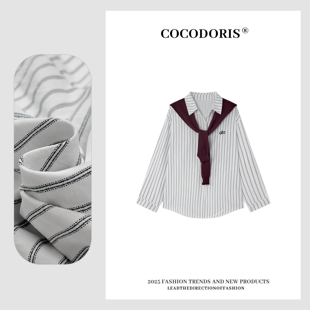 COCO DORIS 2025新款韩系竖状条纹披肩衬衣秋季时尚百搭上衣7762