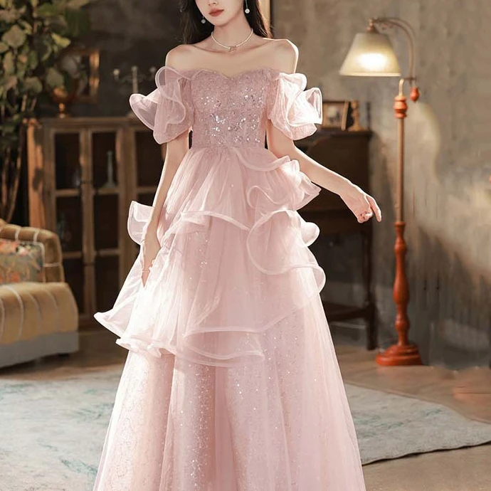 一字肩法式晚礼服2025新款气质名媛主持艺考超仙粉色订婚宴会礼服