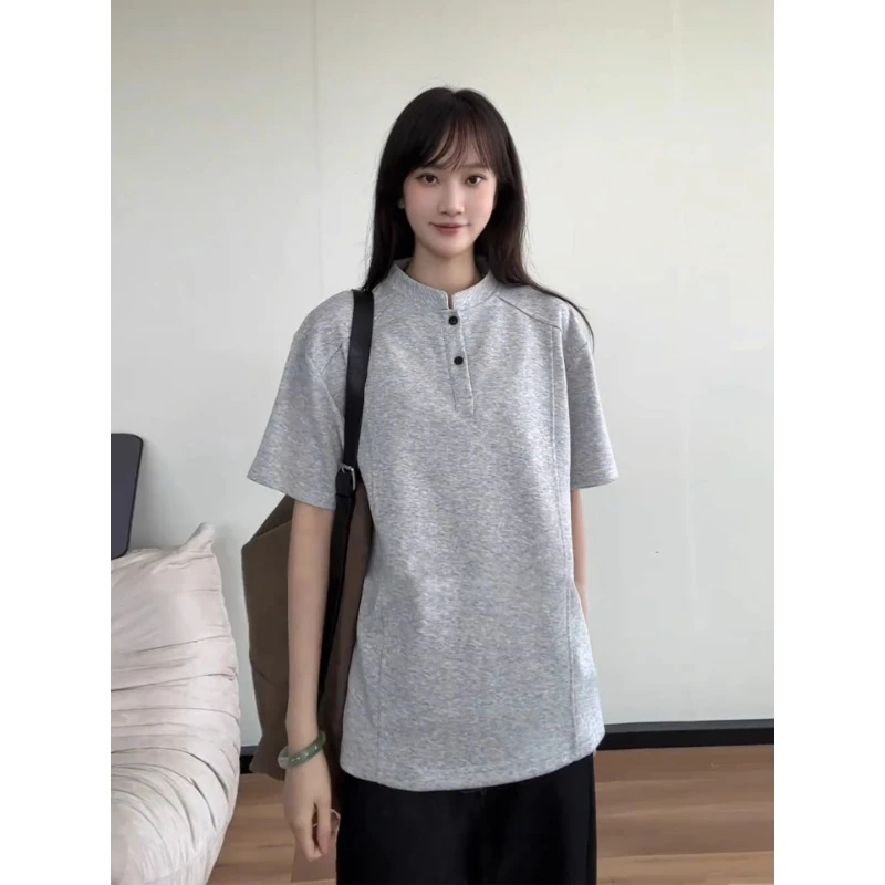 浅灰色正肩polo衫短袖男夏季美式解构亨利领t恤潮牌正肩男生半袖