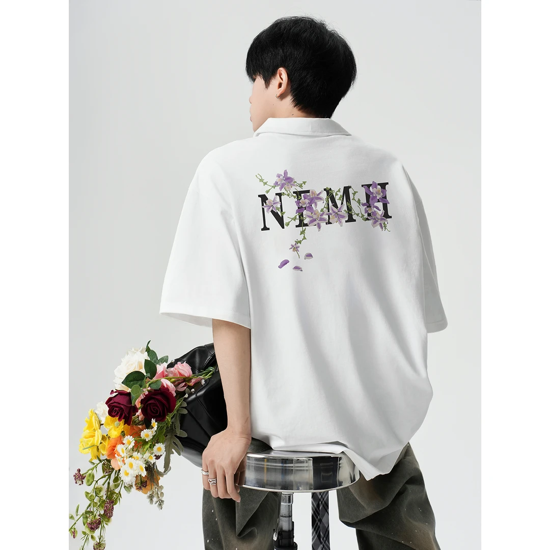 花卉涂鸦半拉链polo衫重磅纯棉短袖t恤男夏季美式潮牌宽松五分袖