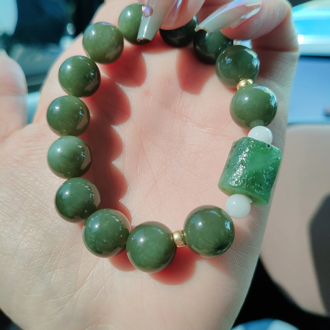 和田玉碧玉手串，12MM，多样性发其一