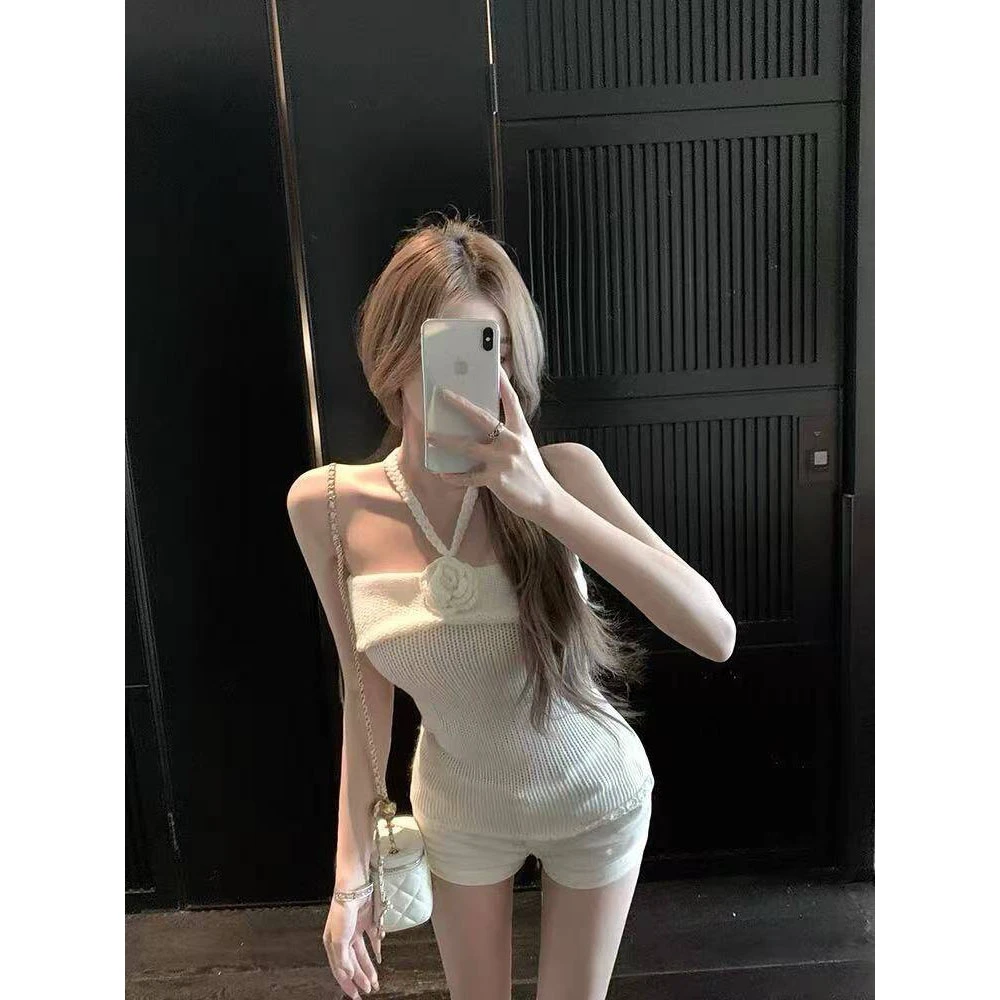 【设计感花朵针织挂脖抹胸背心】修身内搭辣妹风外穿性感美背上衣