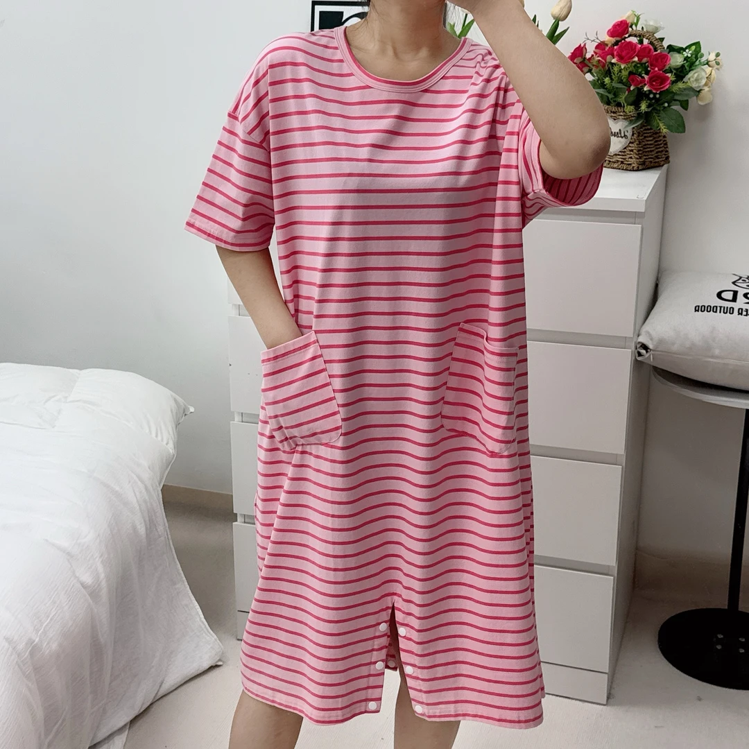 新款防走光裤裙两穿女士纯棉中长款宽松大码时尚显瘦经典条纹睡裙