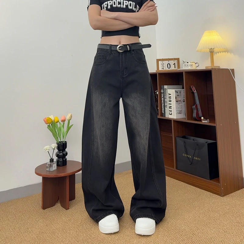 美式高街黑灰色阔腿牛仔裤女秋冬小个子高腰宽松显瘦窄版直筒长裤