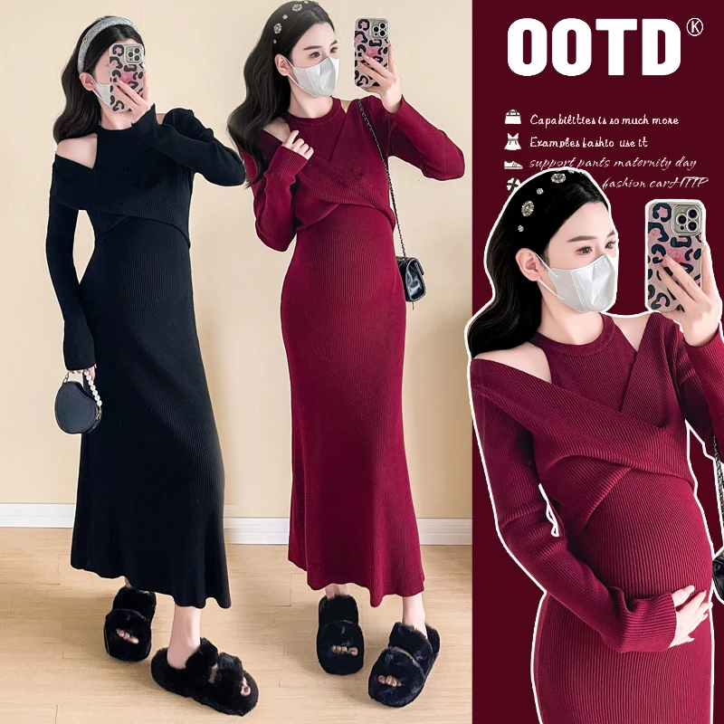 【枫丽】孕妇装春秋冬新款红色气质显瘦孕妇连衣裙别致孕妇打底裙子