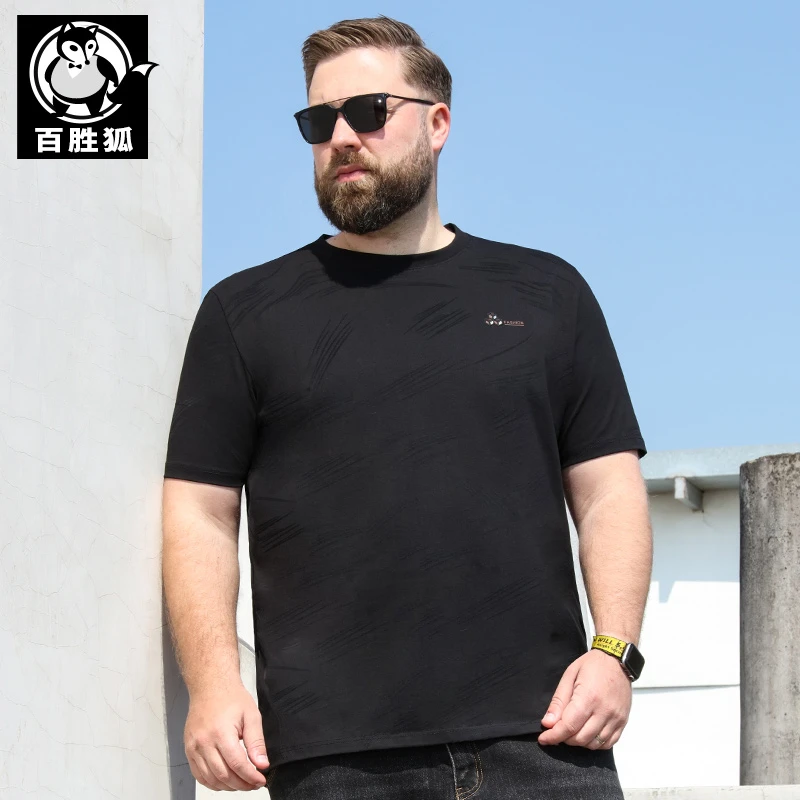 BAISHENGHU/百胜狐大码男装T恤2025夏凉加肥宽松高棉休闲纹理上衣