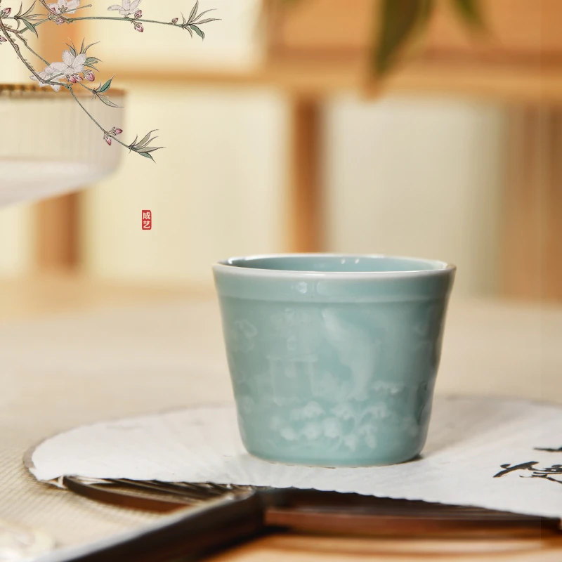 复古茶具青龙可乐杯门杯青瓷主人杯家用陶瓷茶杯纯手工色釉压手杯