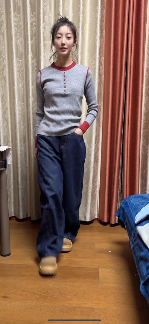 撞色圆领套头毛衣舒适减龄针织衫长袖气质简约韩版休闲上衣女