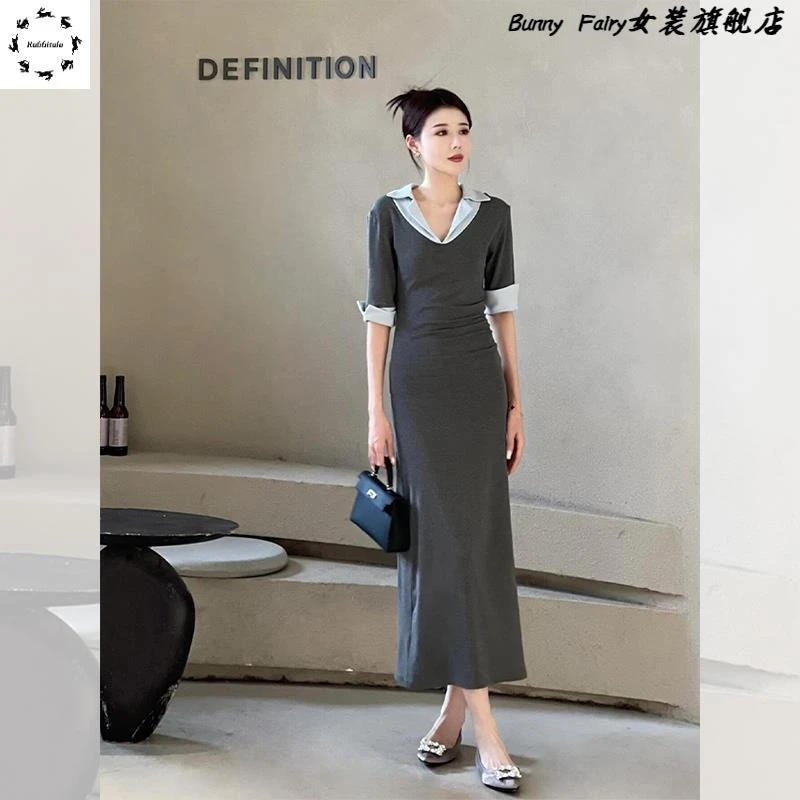 高级小众不撞款a字包臀长裙子御姐轻熟风假两件v领灰色连衣裙女夏
