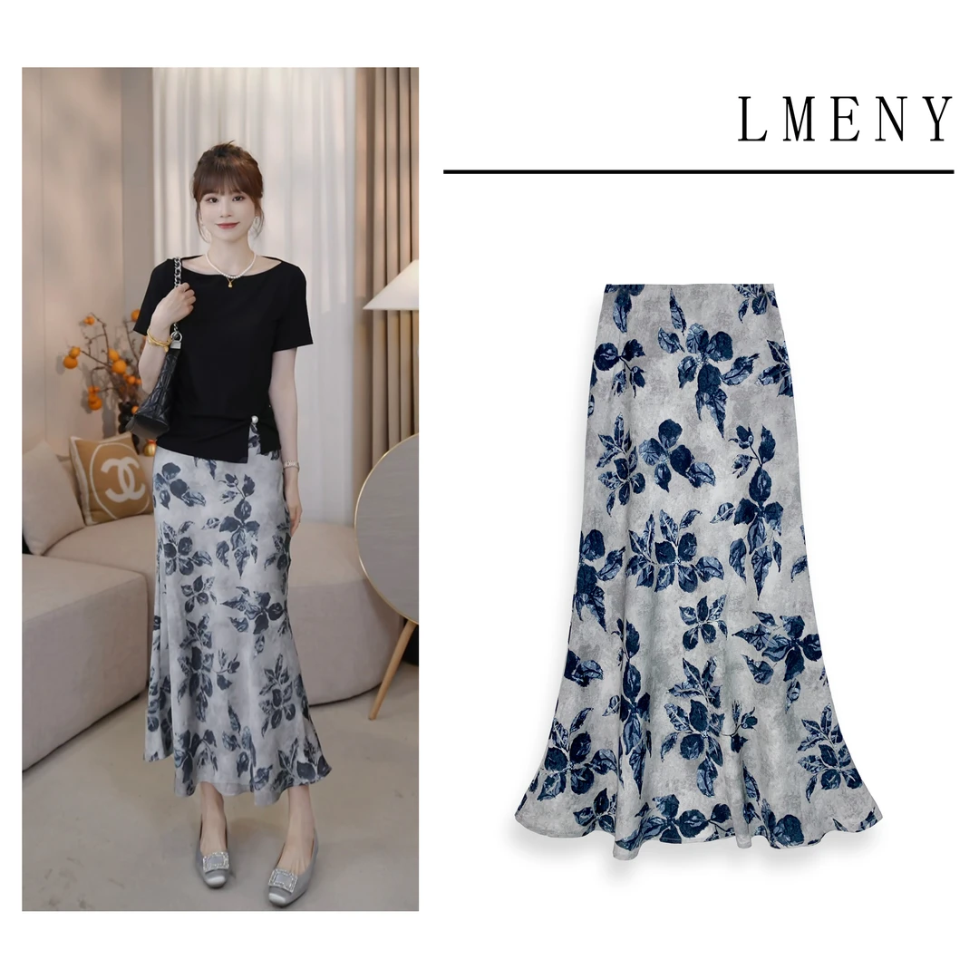 LMENY【清】曼妙动人~缎面印花气质优雅显瘦鱼尾半裙25BQ021
