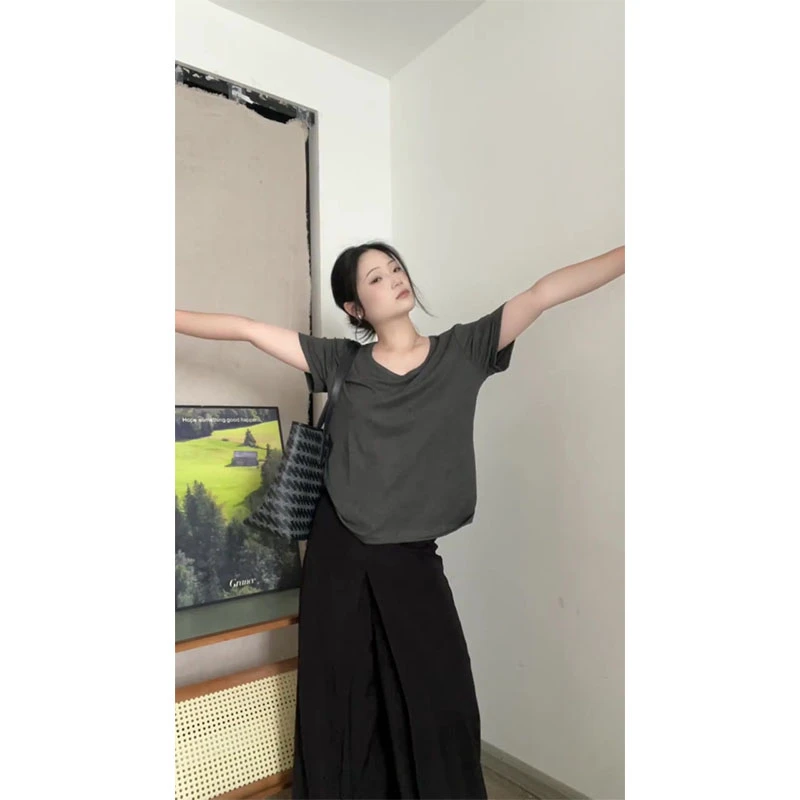 慵懒风时尚高级小众设计款简约上衣百搭显瘦直筒阔腿裤长裤女套装