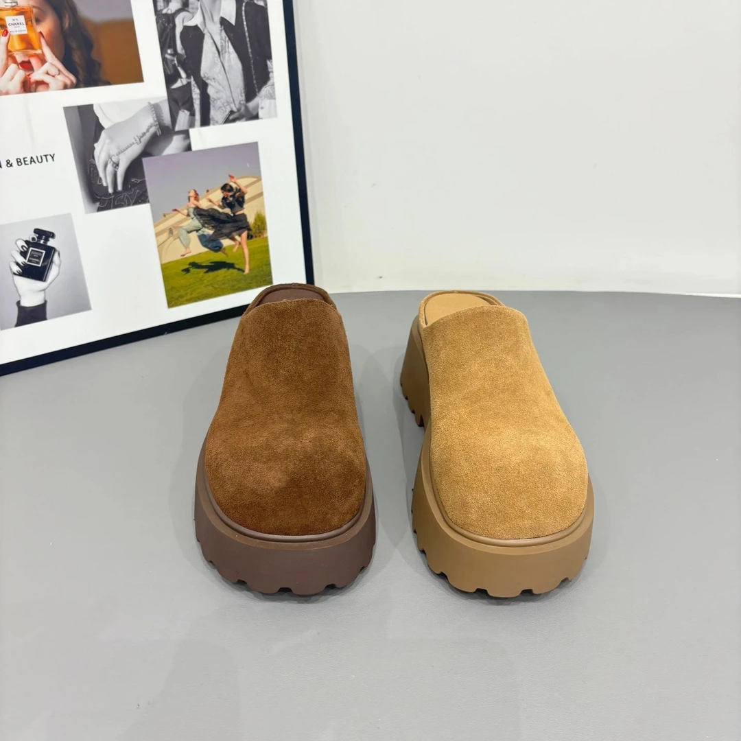 轩80148牛皮小个子松糕底包头半拖勃肯鞋女新款休闲百搭拖鞋外穿