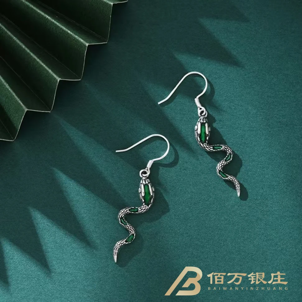 925银耳饰 【佰万银庄】绿色珐琅彩灵蛇耳坠百搭小众简约轻奢冷淡风