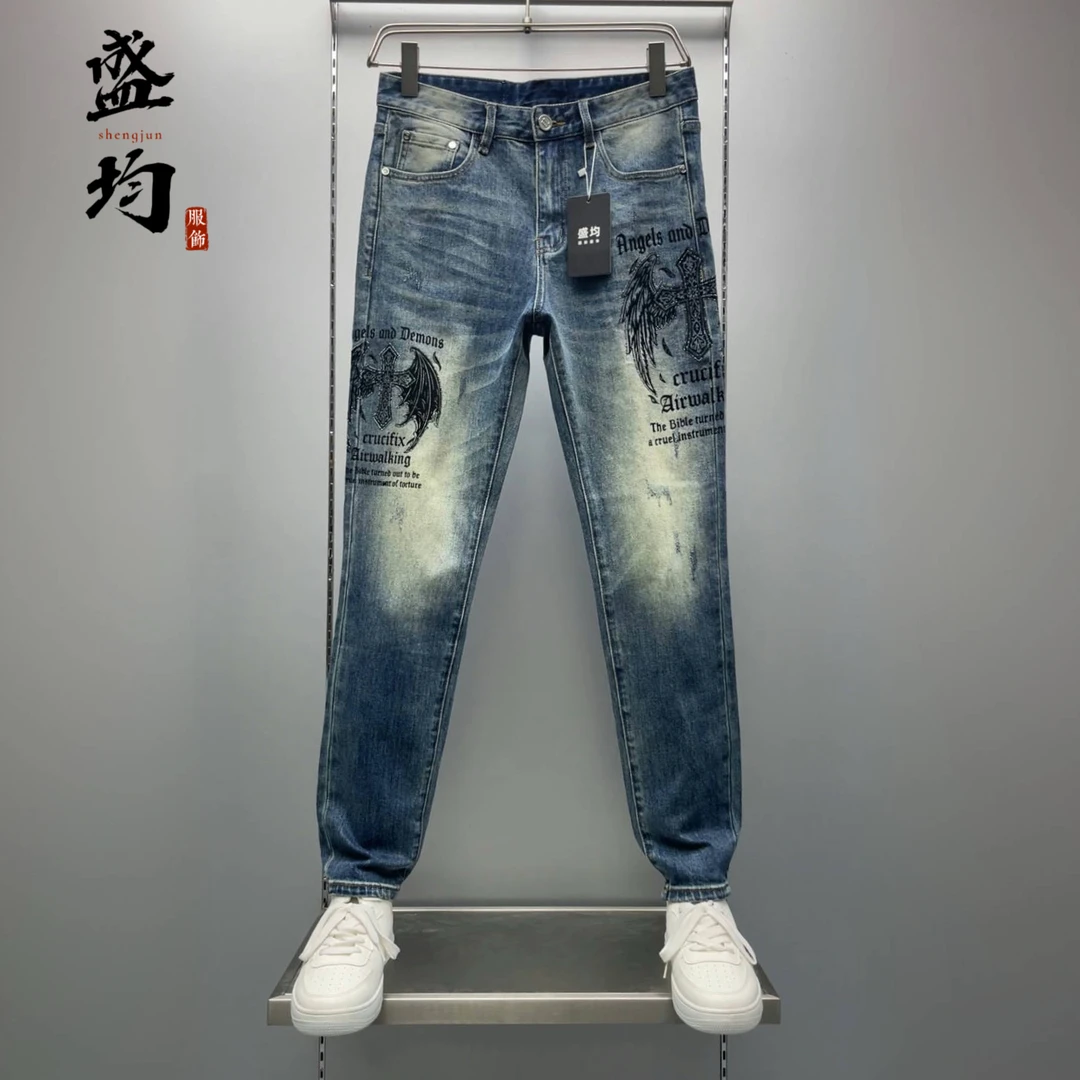 盛均牛仔裤男修身小直脚新款弹力裤子秋季高奢欧货休闲烫钻长裤