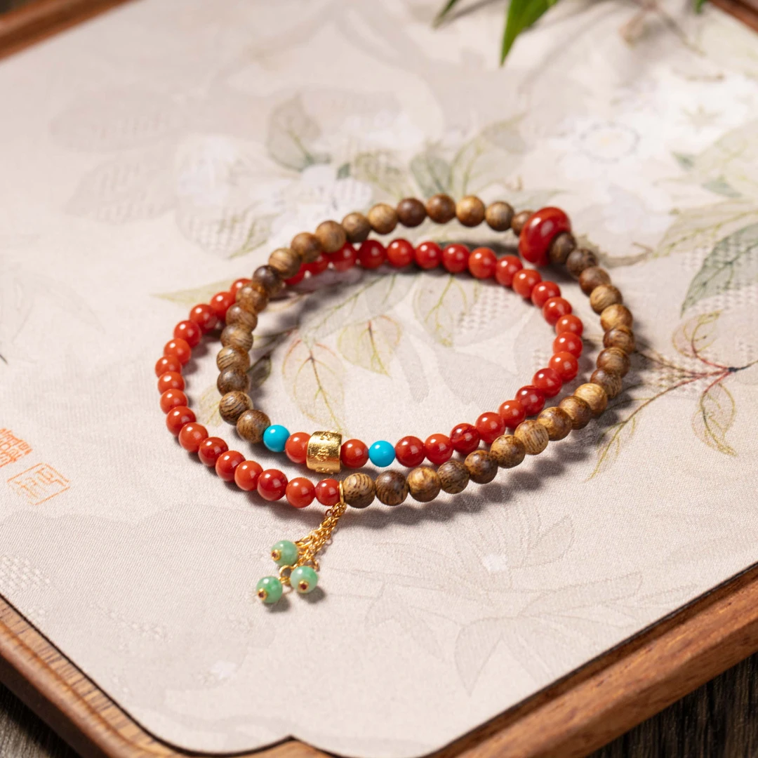 原矿S925南红沉香跑环双圈手串约5mm+多样性发一#B2080025