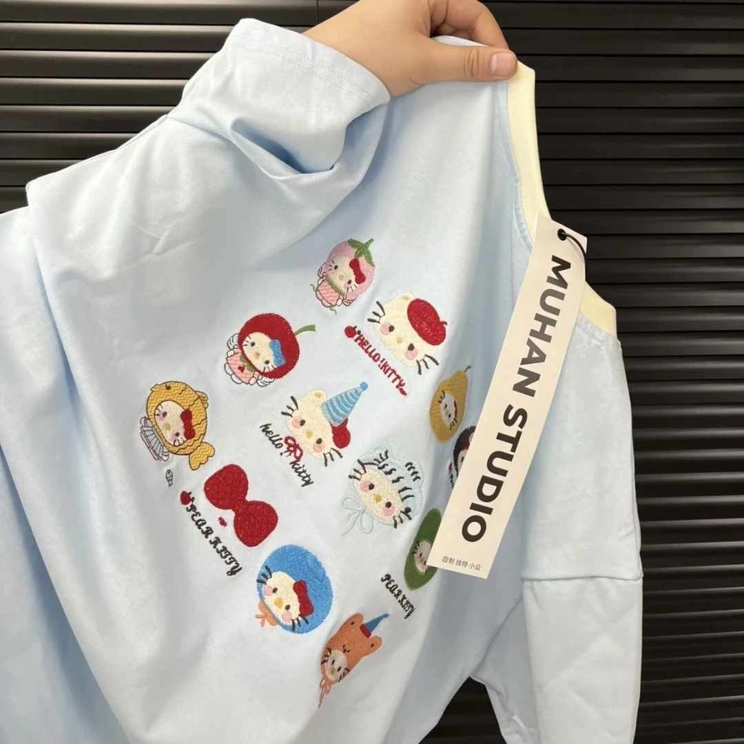 日系复古可爱凯蒂猫刺绣短袖t恤女设计感小众宽松v领撞色拼接上衣