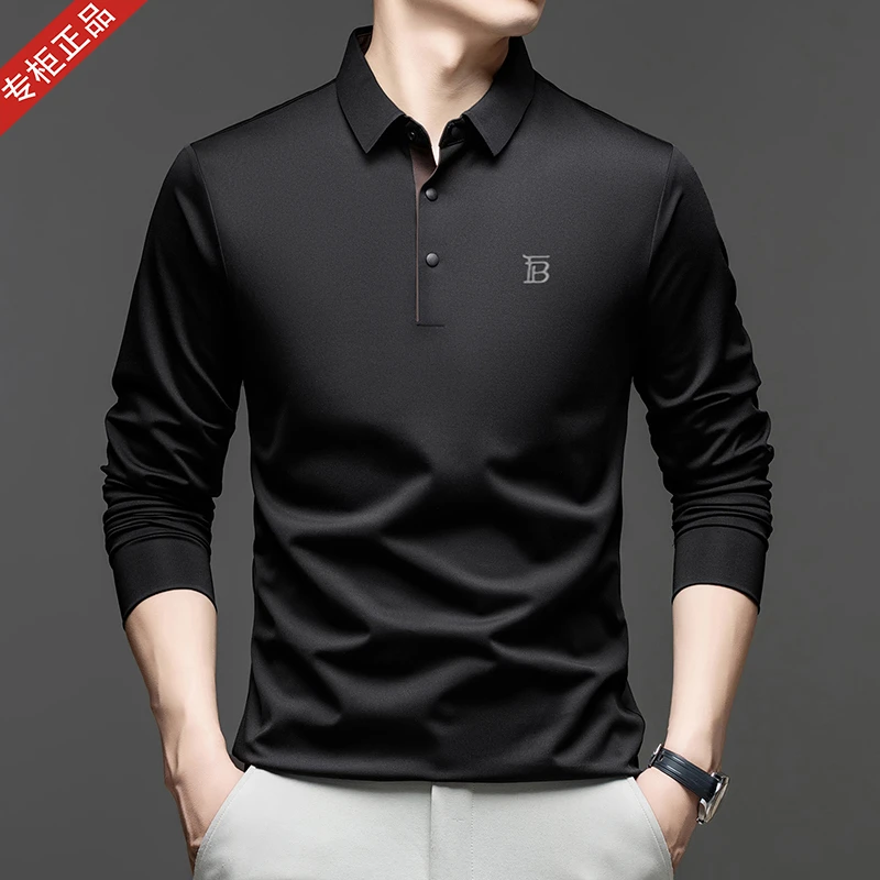 专柜正品英伦男士长袖POLO衫商务休闲无痕翻领纯色刺绣桑蚕丝T恤