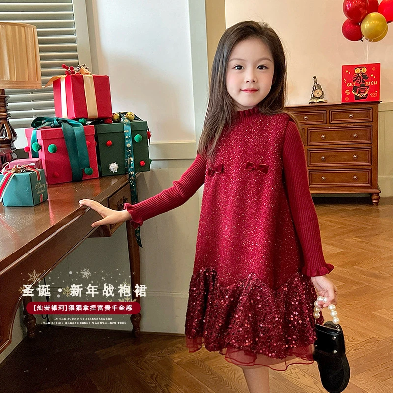 YeeHoO/英氏mini旦女童红色连衣裙冬装新款儿童加绒新年马甲裙洋