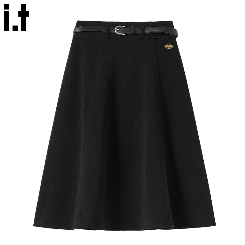 it:CHOCOOLATE高级感黑色A字毛呢半身裙女秋冬高腰遮胯中长款伞裙