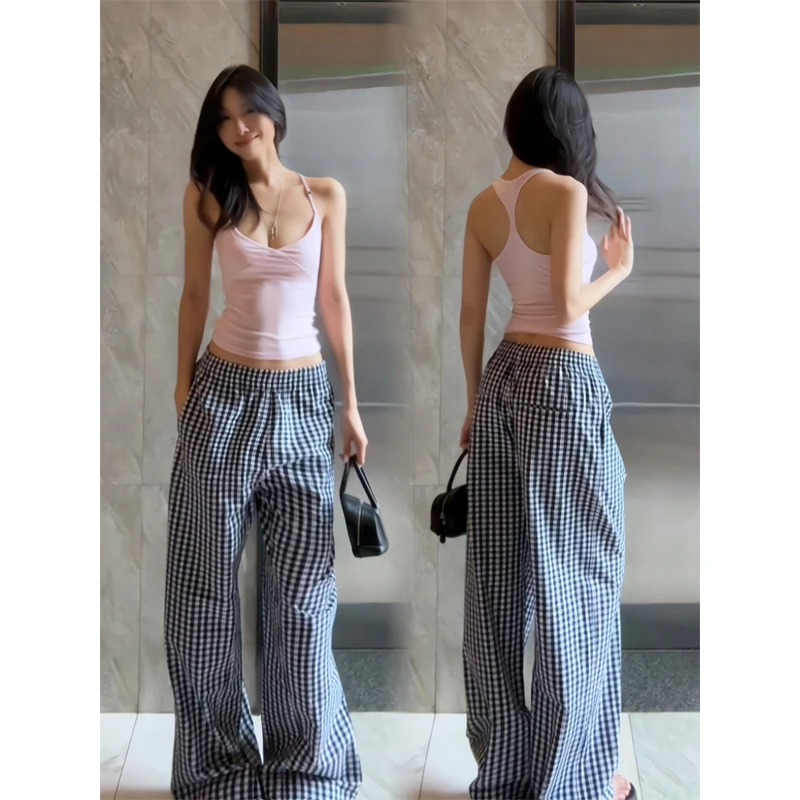 夏季粉色无袖吊带背心纯欲风上衣格纹拼色低腰休闲裤阔腿拖地长裤