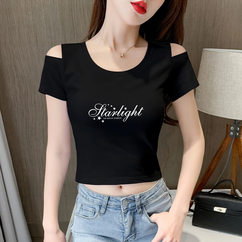 黑色露肩t恤女短袖圆领短款修身纯棉2025夏季新款高腰露肚脐上衣