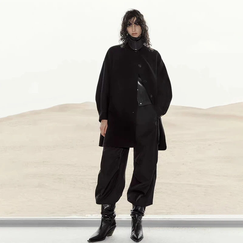 25秋冬新款 休闲美丽诺羊毛双面呢拼皮领中长款大衣外套潮流