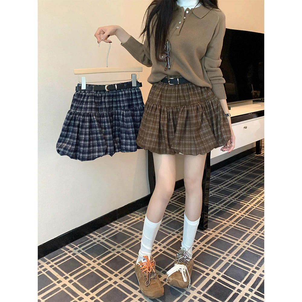 格纹高腰设计花苞裙半身裙女2025新款秋装韩系学院风减龄a字短裙