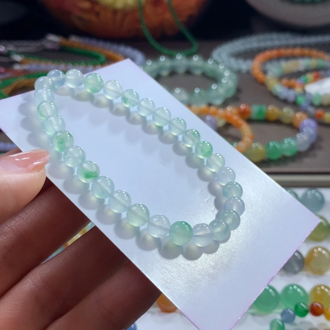 翡翠未镶嵌手链木那纯净冰飘花卡6，阳春白雪系列