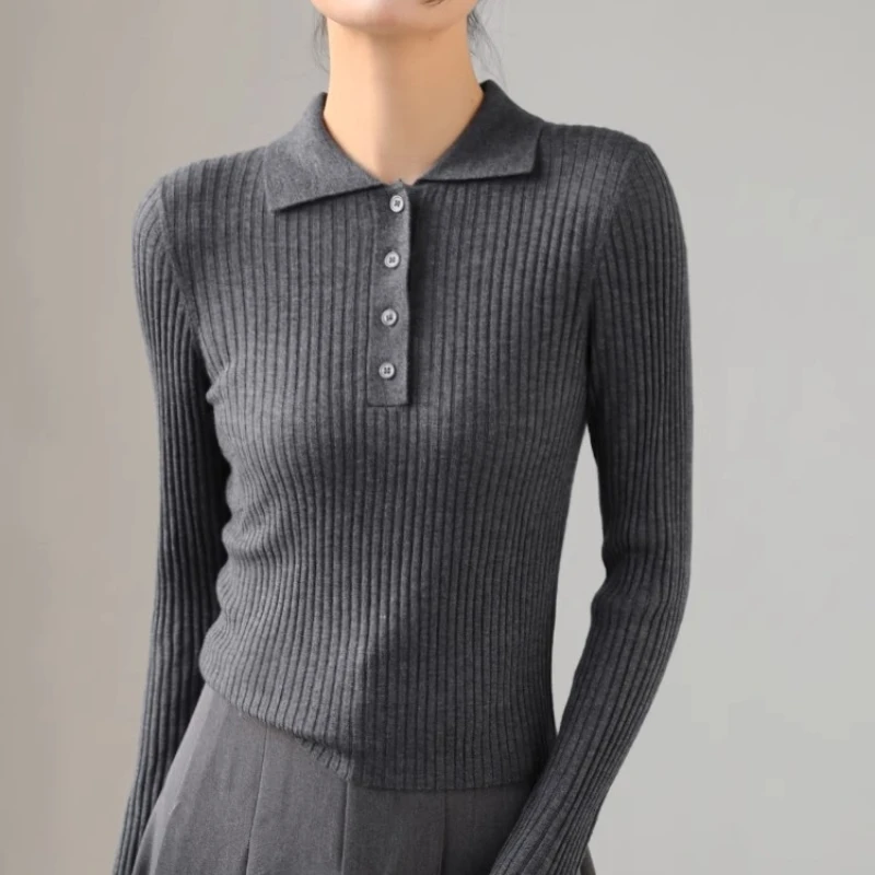 秋冬洋气高级感灰色外穿polo领毛衣女长袖打底针织衫气质内搭上衣