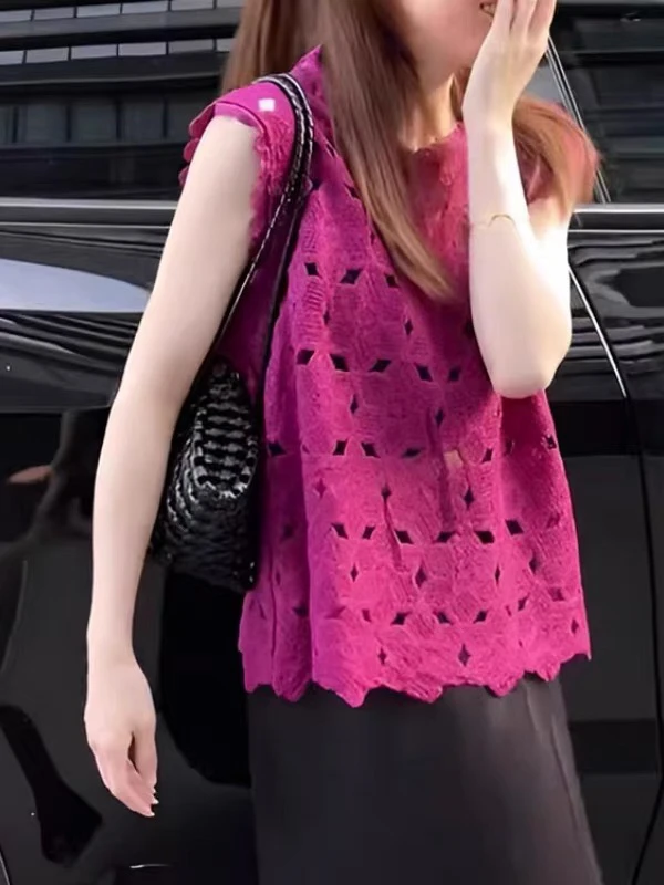 董小姐/25963玫红色蕾丝钩花镂空显瘦法式气质无袖上衣ins