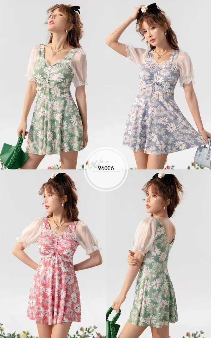 夏日温泉必备女神套装泳衣碎花泳装游泳遮肚保守时尚裙式