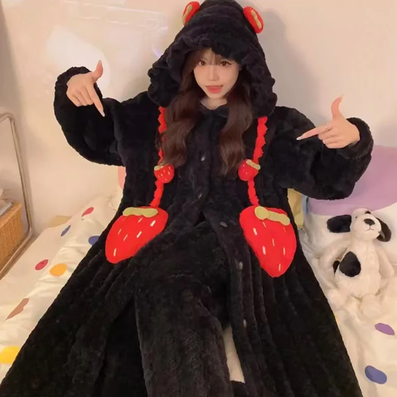 三层夹棉睡衣女秋冬季2025新款连帽可外穿睡袍加绒加厚家居服套装