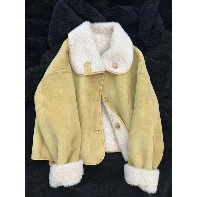 韩版短款冬季加厚皮毛一体保暖翻领加绒上衣秋冬时尚短外套女