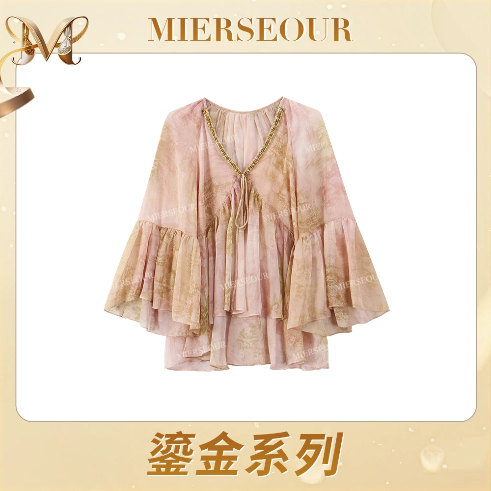 MIERSEOUR鎏金系列【浓情派对】印花气质花边袖上衣2515