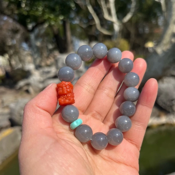 原创手作 一图一物精品和田玉烟青紫圆珠手串 尺寸卡12mm