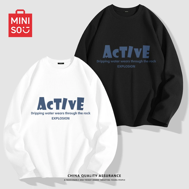 名创优品ins简约风长袖休闲抗皱T恤宽松华夫格情侣上衣圆领打底衫