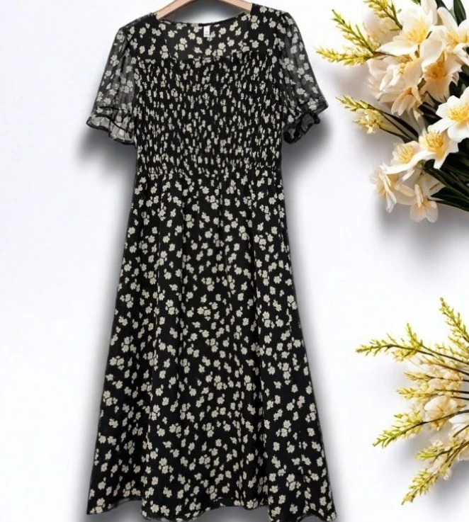 夏季印花长裙高腰连衣裙潮流女装休闲显瘦黑色L550