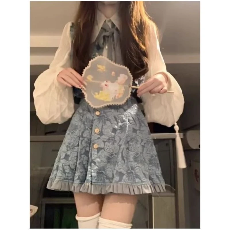【1032】复古小香风浮雕暗纹马甲短裙时尚套装女