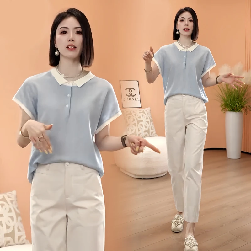 气质百搭宽松短袖针织衫女2025年夏季新款休闲减龄遮肉polo领上衣