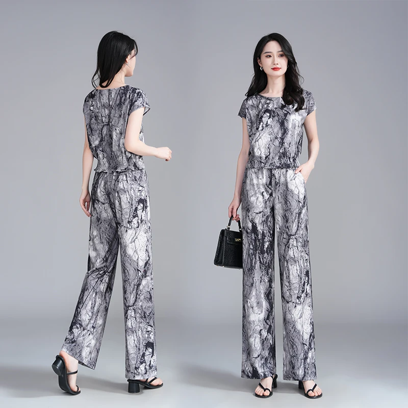 新款春夏时尚短袖两件套女洋气阔腿裤套装衬衫上衣休闲碎花裤