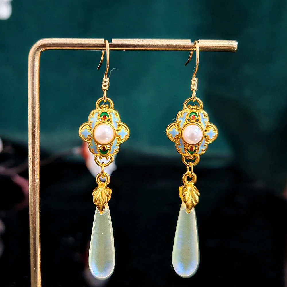 多吉米 合金耳饰 彩纹莹珠原创耳环无耳洞耳夹耳饰配汉服旗袍耳坠