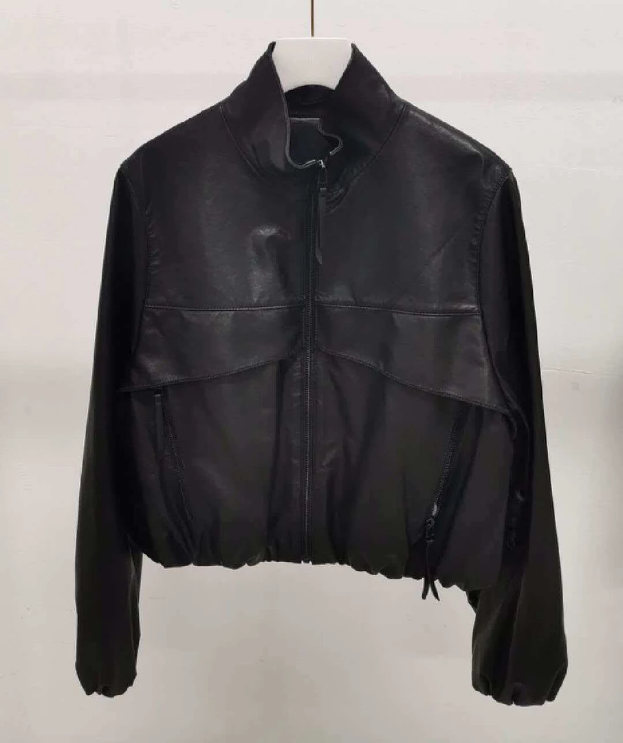 早春新款 时尚简约立领植鞣头层羊毛夹克皮衣外套女