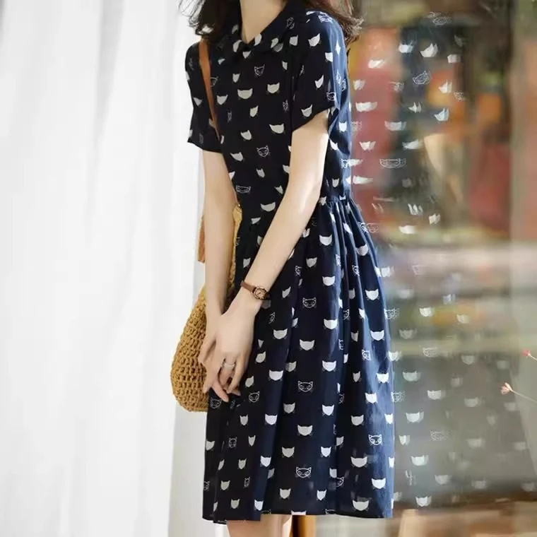 哥弟阿玛施正品2025夏装减龄印花裙子宽松显瘦娃娃领短袖连衣裙女