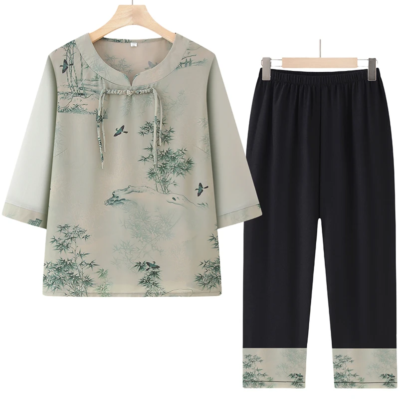 中老年女装夏季中国风套装休闲妈妈装宽松上衣老年人两件套奶奶装