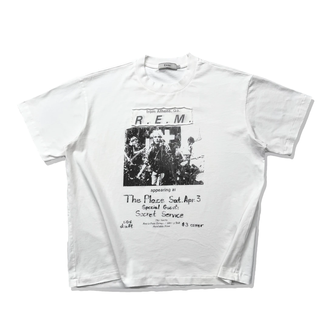 Erole R.E.M乐队new vintage230克贴布绣单缝线数码印花破坏短袖