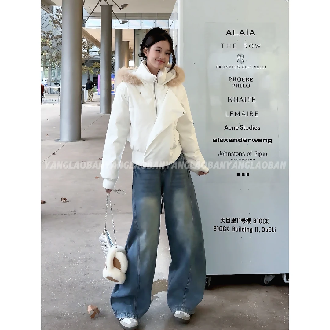 白色大毛领羽绒服女2025冬季宽松加厚棉衣袄小个子连帽白鸭绒外套