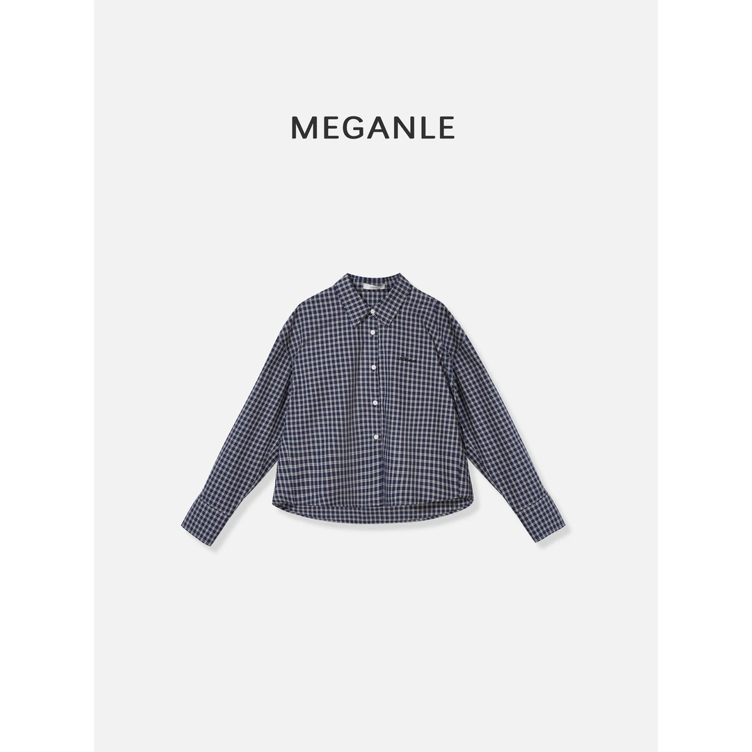 【中古格纹】MEGANLE-25/早春新款 复古短款廓形长袖衬衣2024367