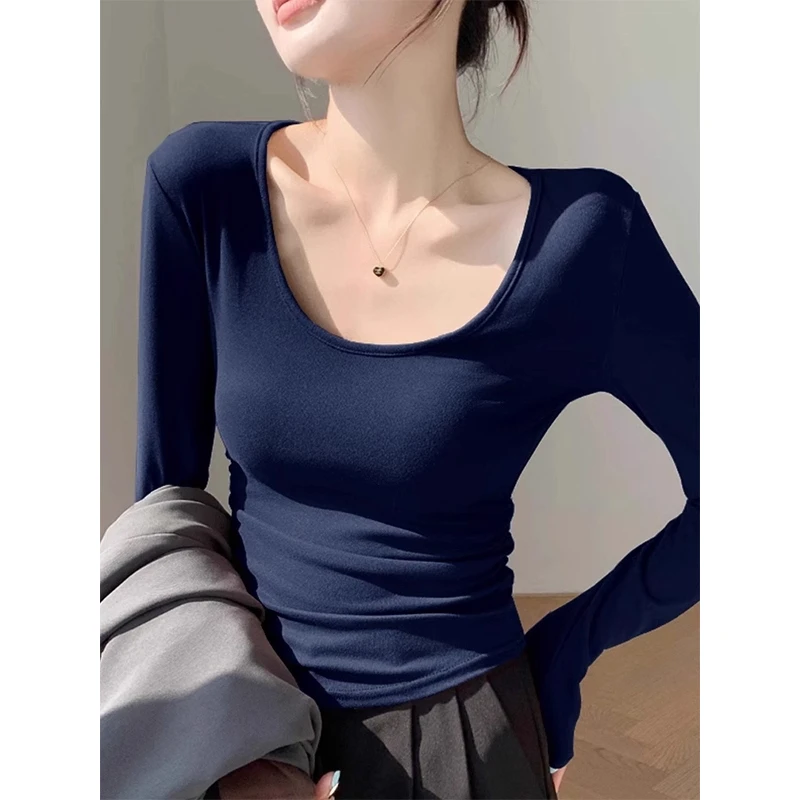 芯娇晴修身U领内搭打底衫女秋冬2025新款磨毛德绒正肩长袖t恤上衣
